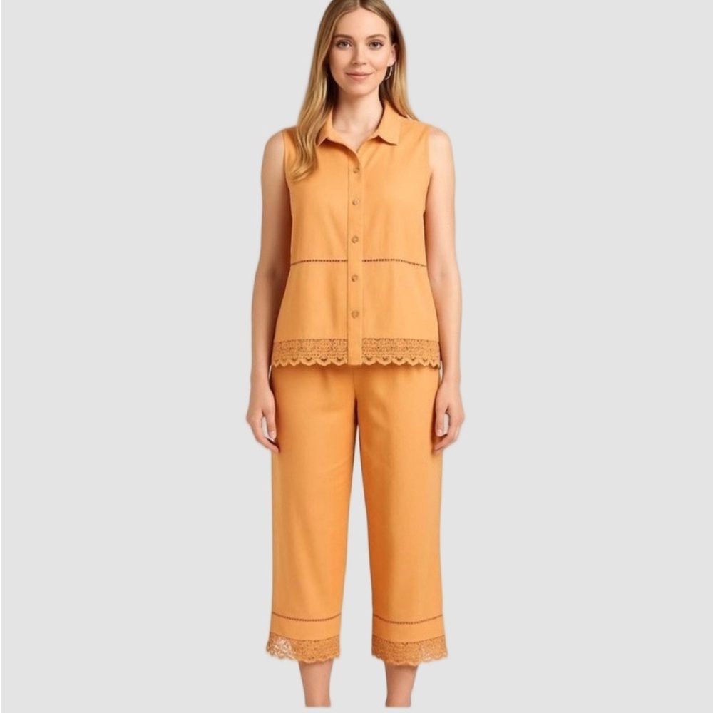 MAGIC Linen & Cotton Sleeveless Button Front Shirt & Capri Set Lace Trimmed 2X